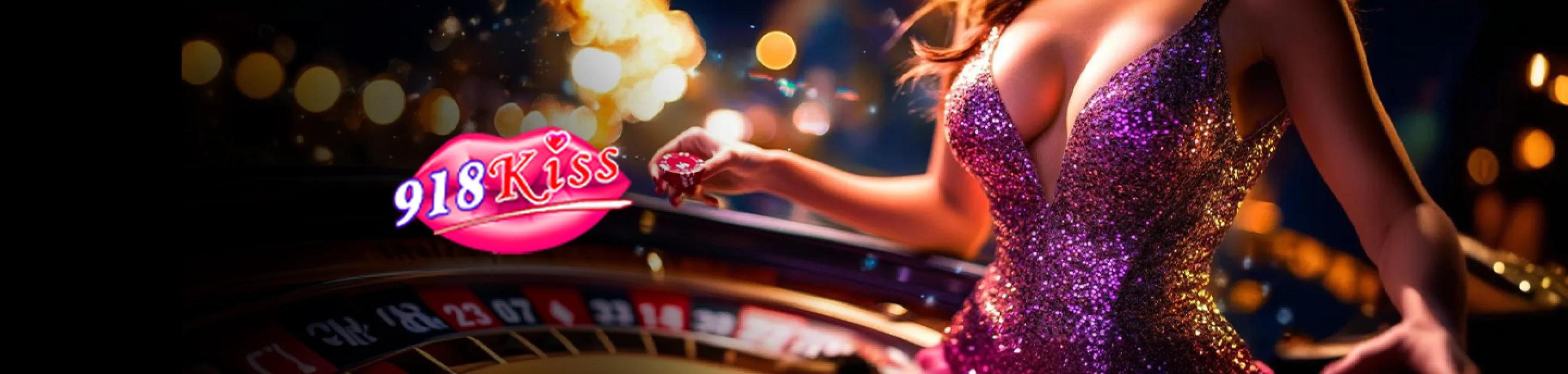 Permainan slot 918Kiss memaparkan seorang dealer wanita dengan roda roulette, lampu berkilauan, dan logo 918Kiss yang dipaparkan.