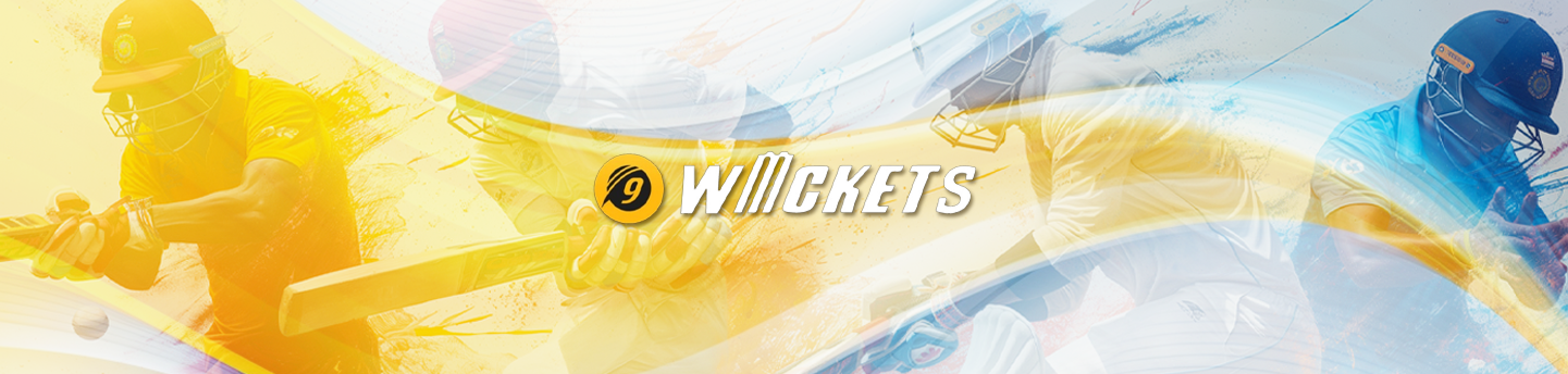 Banner pertaruhan dalam talian 9 Wickets dengan pemain kriket dan tema sukan yang bertenaga