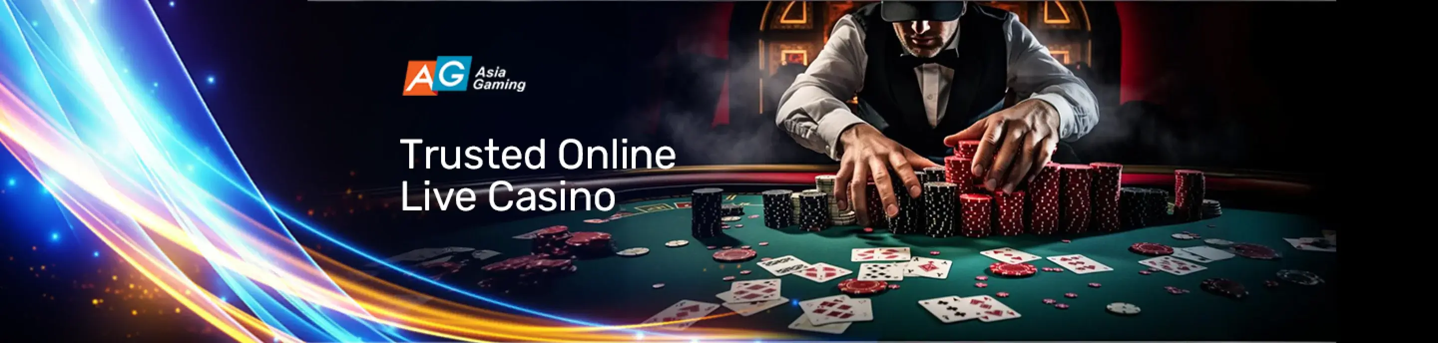 Logo Asia Gaming dengan pengedar di meja poker dalam suasana kasino langsung, mempamerkan permainan dalam talian yang dipercayai di Winbox.
