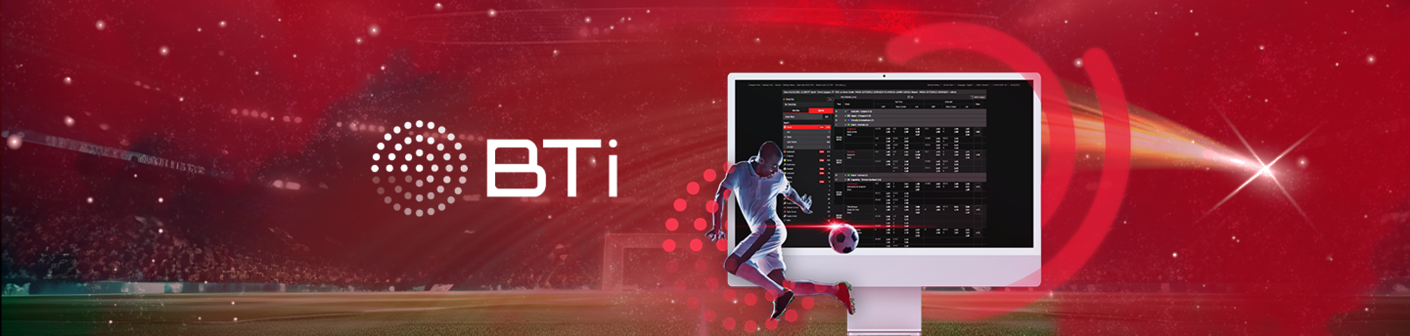 Antara muka pertaruhan BTi Sportsbook pada skrin dengan latar belakang pemain bola sepak di stadium