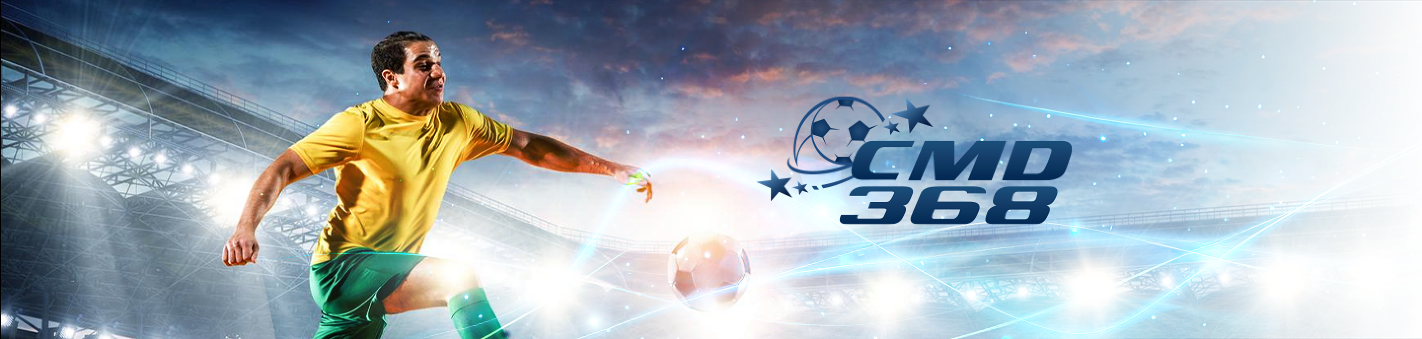 CMD368 online sports betting platform featuring a football player in action at a stadium