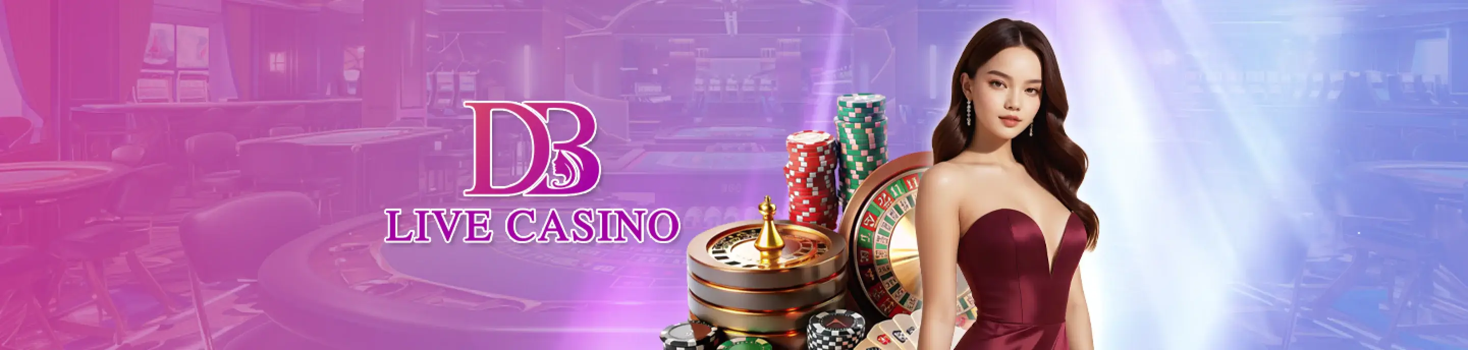 Elegant female dealer standing by roulette and poker chips in DB Live Casino banner, showcasing live casino gaming at Winbox.