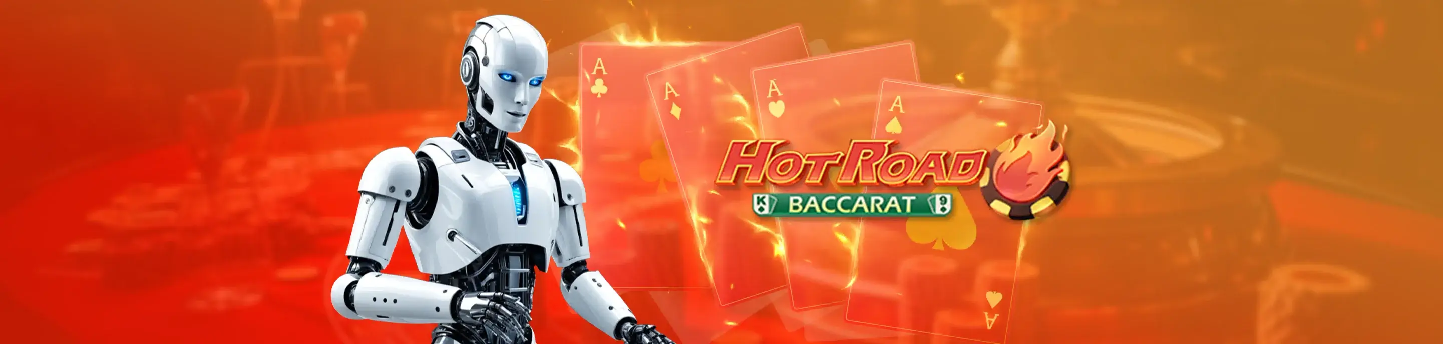 Futuristic AI robot playing HotRoad Baccarat with digital cards and a red-themed background, 2026 version