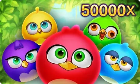 Lima burung kartun berwarna-warni daripada permainan slot Birds Party dengan potensi kemenangan 50000x.