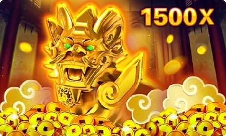 Patung naga keemasan dengan pendarab 1500x dikelilingi syiling emas daripada permainan slot JDB.