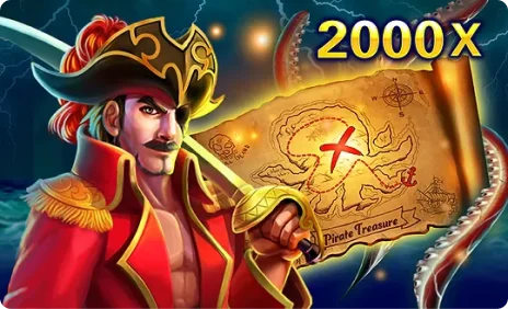Lanun memegang peta harta karun dengan bayaran 2000x dalam slot Pirate Treasures JDB.
