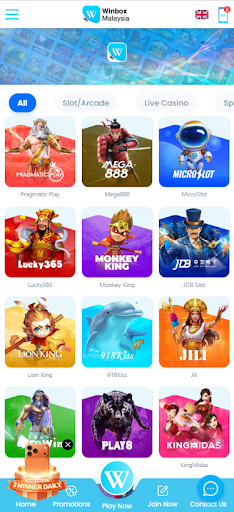 example screenshot of the official Winbox platform's game hub