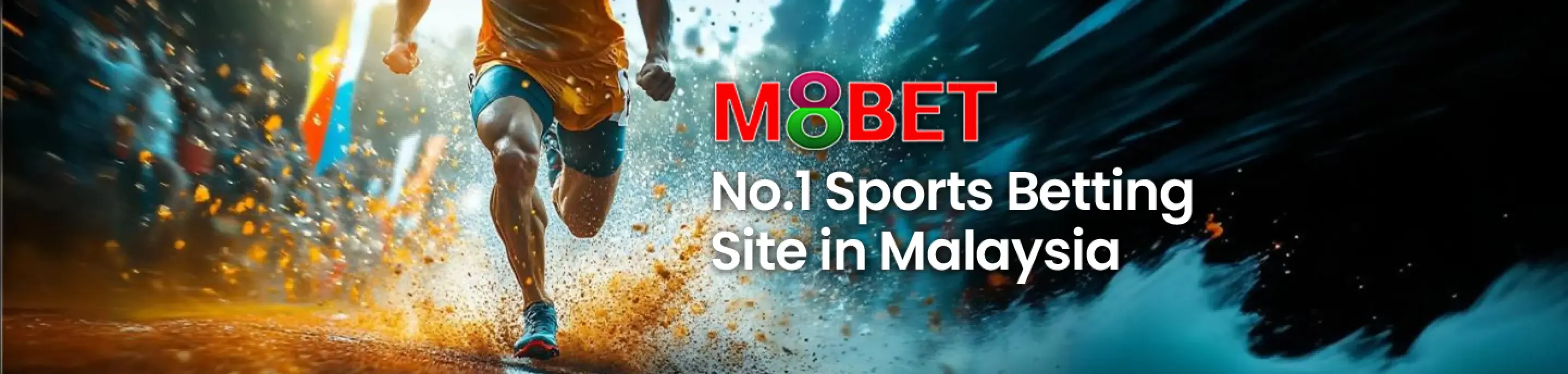 Runner in action with explosive background promoting M8Bet, the top sports betting site in Malaysia 2026.