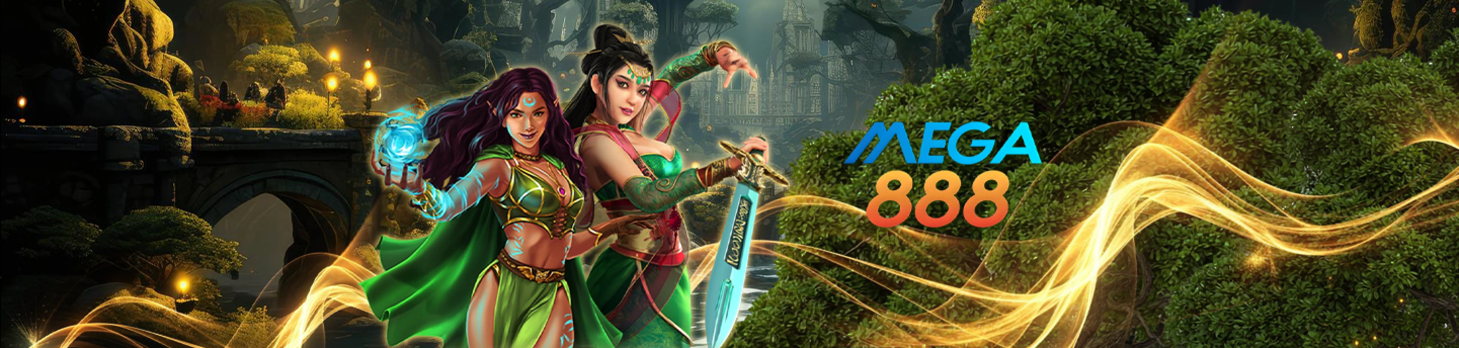 Dua watak pahlawan wanita dari Mega888 dengan latar belakang fantasi dan kesan tenaga magis bercahaya.