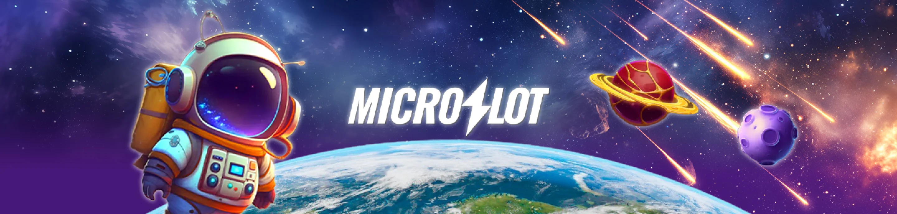 Sepanduk permainan slot MicroSlot dengan maskot angkasawan dan hujan meteor pada latar belakang bertema angkasa lepas