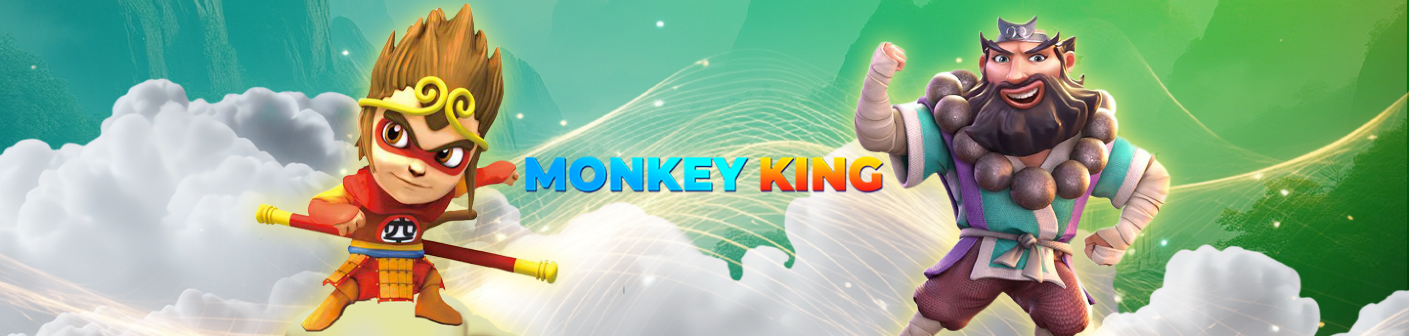 Sepanduk permainan slot Monkey King memaparkan watak animasi Sun Wukong dan pahlawan