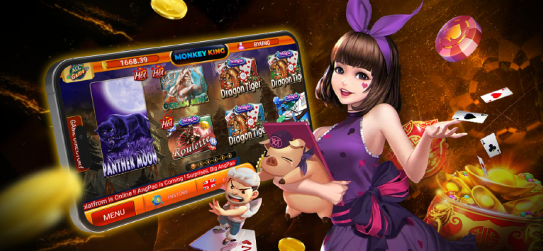 Antara muka mudah alih permainan slot dalam talian Monkey King dengan watak bergaya anime dan elemen kasino