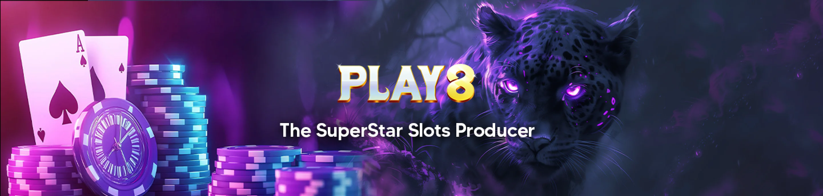 Sepanduk permainan slot Play8 memaparkan cip poker neon, daun terup, dan harimau kumbang ungu bercahaya, melambangkan permainan kasino berkualiti tinggi.