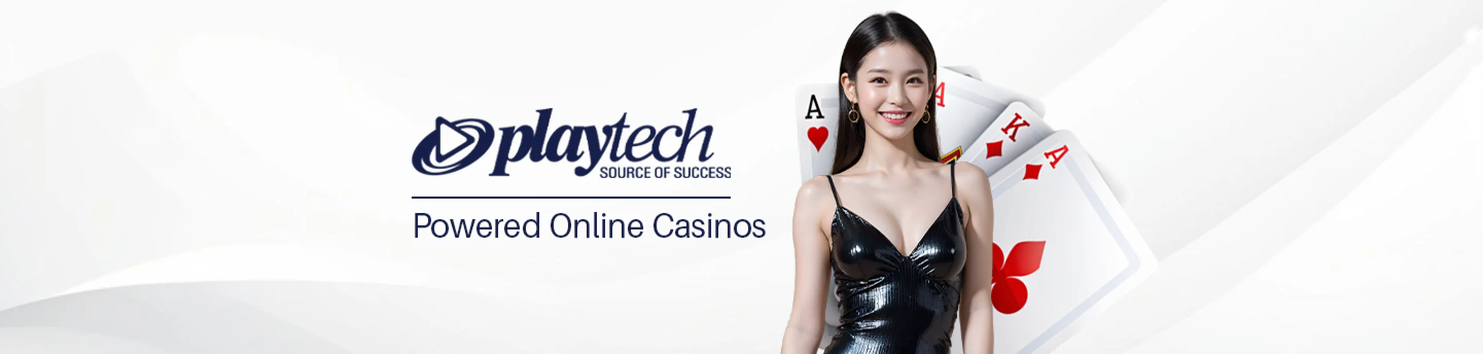 Logo Playtech dan seorang wanita dengan daun terup, mempromosikan kasino dalam talian berkuasa Playtech.