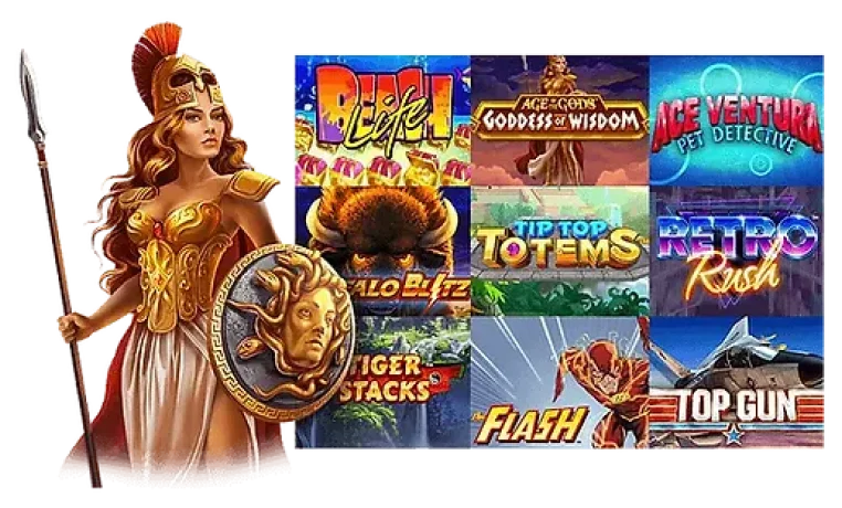 Pelbagai permainan slot Playtech termasuk 'Reel Life,' 'Ace Ventura Pet Detective,' 'Top Gun,' dan banyak lagi, bersama-sama watak pahlawan.