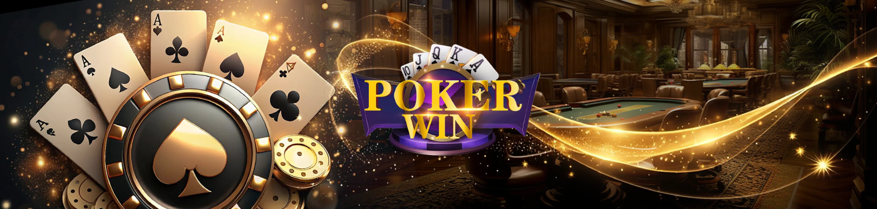 Logo PokerWin dengan kad poker dan suasana kasino, menampilkan latar belakang yang mewah.