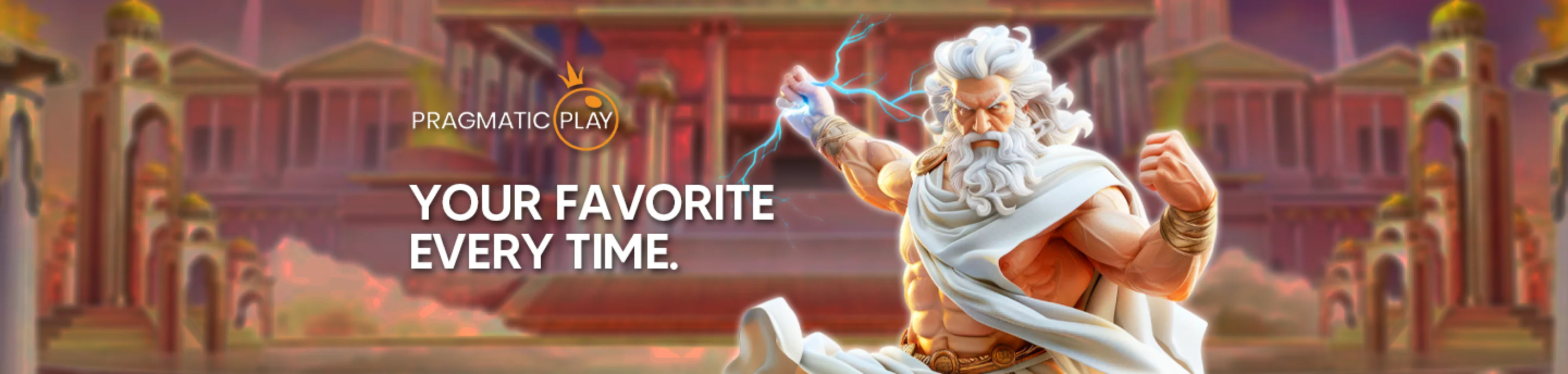 Permainan slot Pragmatic Play Zeus menampilkan dewa perkasa yang memegang kilat, dengan teks 'Your Favorite Every Time.'