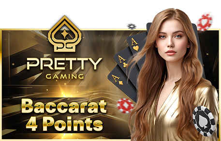 Dealer wanita memegang daun terup di meja Baccarat 4 Points, dengan grafik emas dan logo Pretty Gaming.