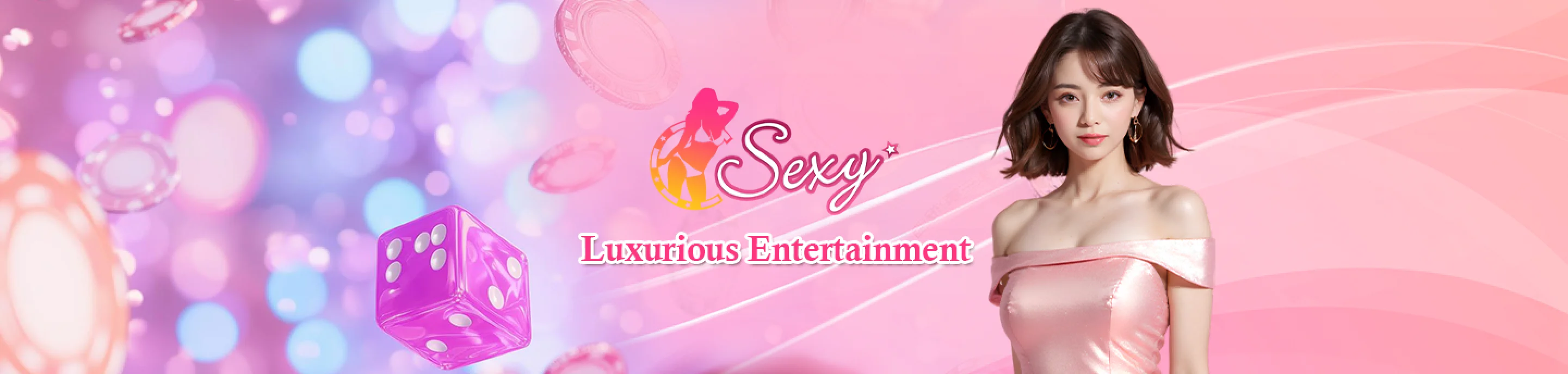 Logo Sexy dengan dadu merah jambu dan model wanita, melambangkan hiburan kasino yang mewah.