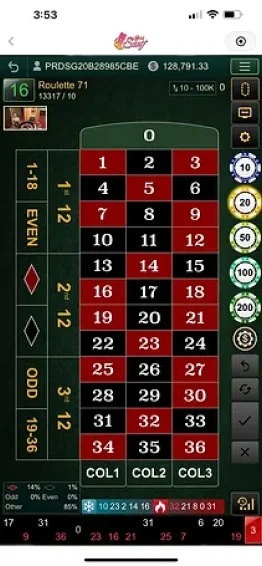 Antara muka permainan Sexy Live Roulette menunjukkan roda roulette dan meja pertaruhan dengan pelbagai nilai cip.