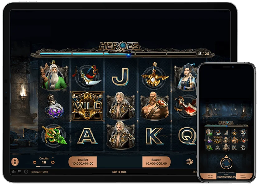 Permainan slot SpadeGaming Heroes dipaparkan pada tablet dan telefon pintar.