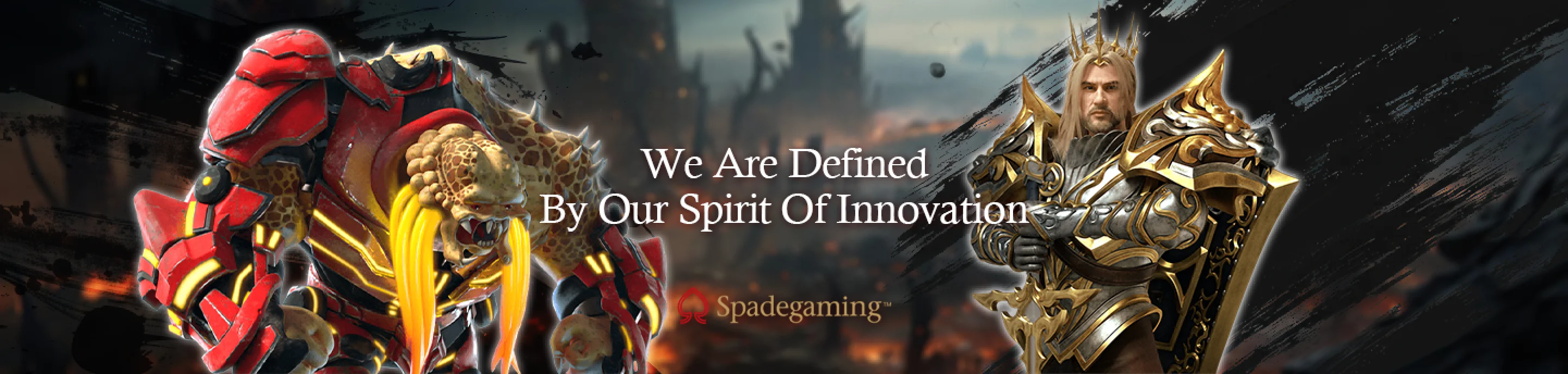Spade Gaming – Kami Ditakrifkan Oleh Semangat Inovasi Kami menampilkan watak berperisai.