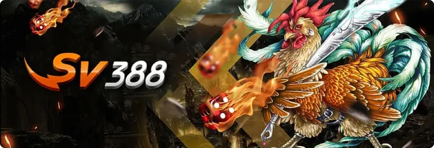 Ayam jantan SV388 yang bersedia bertarung dengan pedang dan dadu menyala di latar belakang arena yang gelap