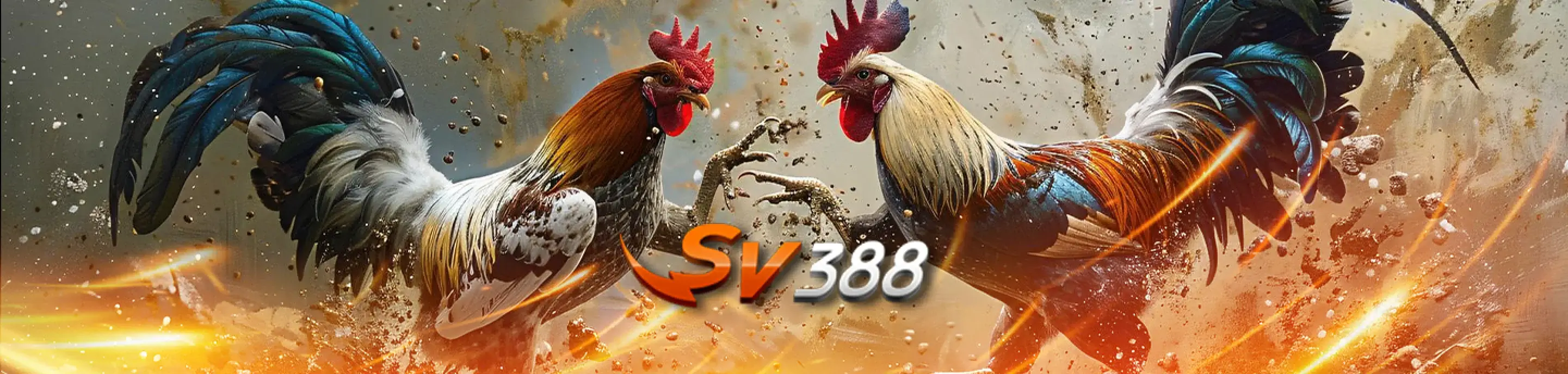 Dua ekor ayam jantan dalam adegan sabung ayam yang dinamik, mewakili platform pertaruhan dalam talian SV388.