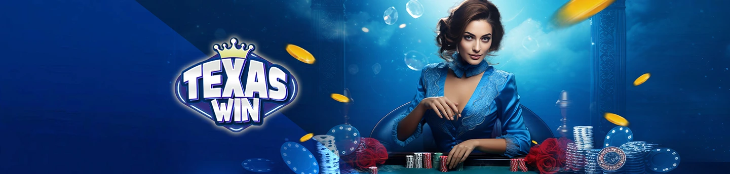 Banner Winbox TexasWin menampilkan seorang pengedar poker wanita berbaju biru dikelilingi cip, kad, dan syiling emas, dengan logo TexasWin pada latar belakang biru tua.